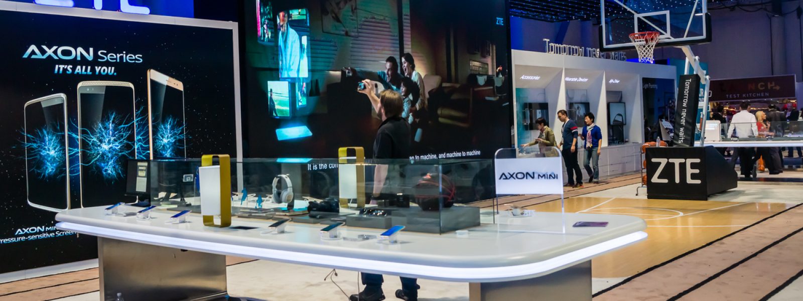 Las Vegas, NV, Jan. 9, 2016:  ZTE Corporation promotes its Axon series at a trade show exhibit at the 2016 Consumer Electronics Show (CES).